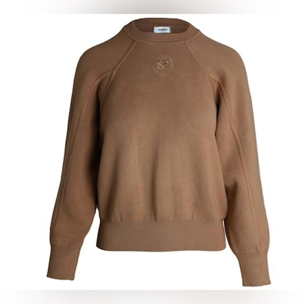 Sandro Tan and Cream Knit Sweater Knitted Logo Sweatshirt Cotton